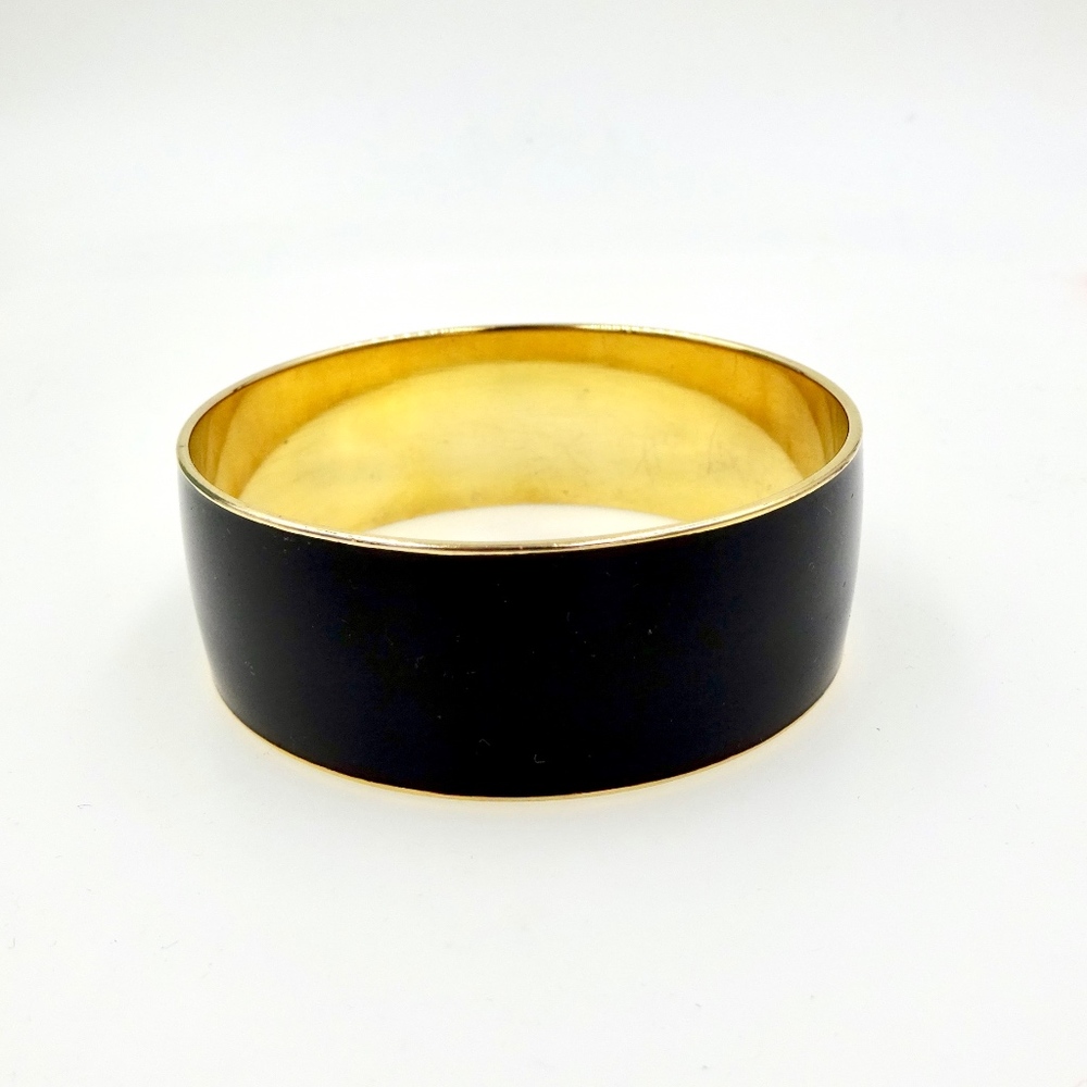 J. CREW BLACK ENAMEL GOLD TONE WIDE BANGLE BRACELET